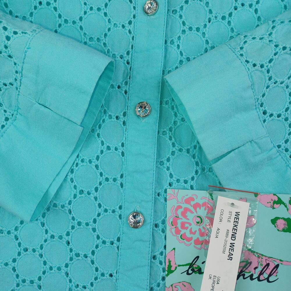 Birch Hill Women Embroidered Eyelet Button Up Top XL Aqua Cotton Resort Beach - Picture 5 of 10